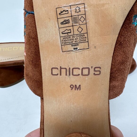 Chicos Slide Sandals Size 9 Brown Suede Floral Embroidered Wanda Heels - Picture 10 of 12